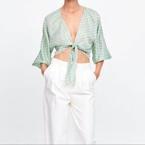 Zara Mint Green & White Polka Dot V-Neck Tie Top